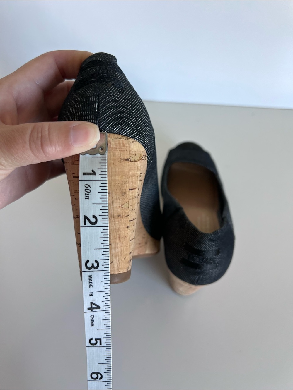 Toms Women's Stella Peep-Toe Cork Wedges Black Denim - Picture 6 of 8